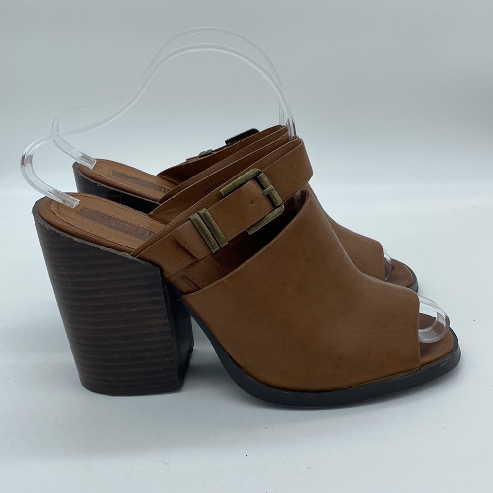 Forever 21 Slip On Sandals Block Heels Peep Toe Brown Womens Size 8